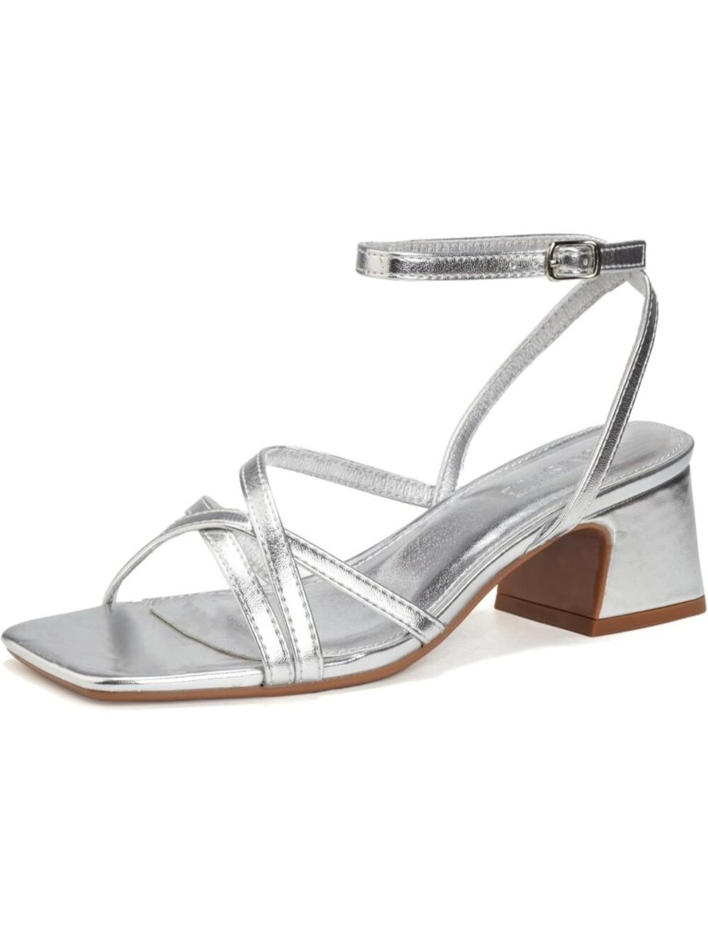 Women's Silver Toe Low Block Ankle Strap Square Open Chunky Heeled Sandals